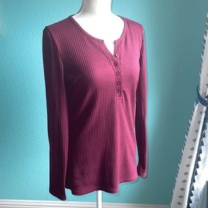Wine Red Henley Long Sleeve Shirt Top with Button Front Size Medium